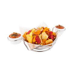 Round Silver Stainless Steel Duetto Appetizer and Chip Basket - Double Dipping Sauce Holder - 10 1/4