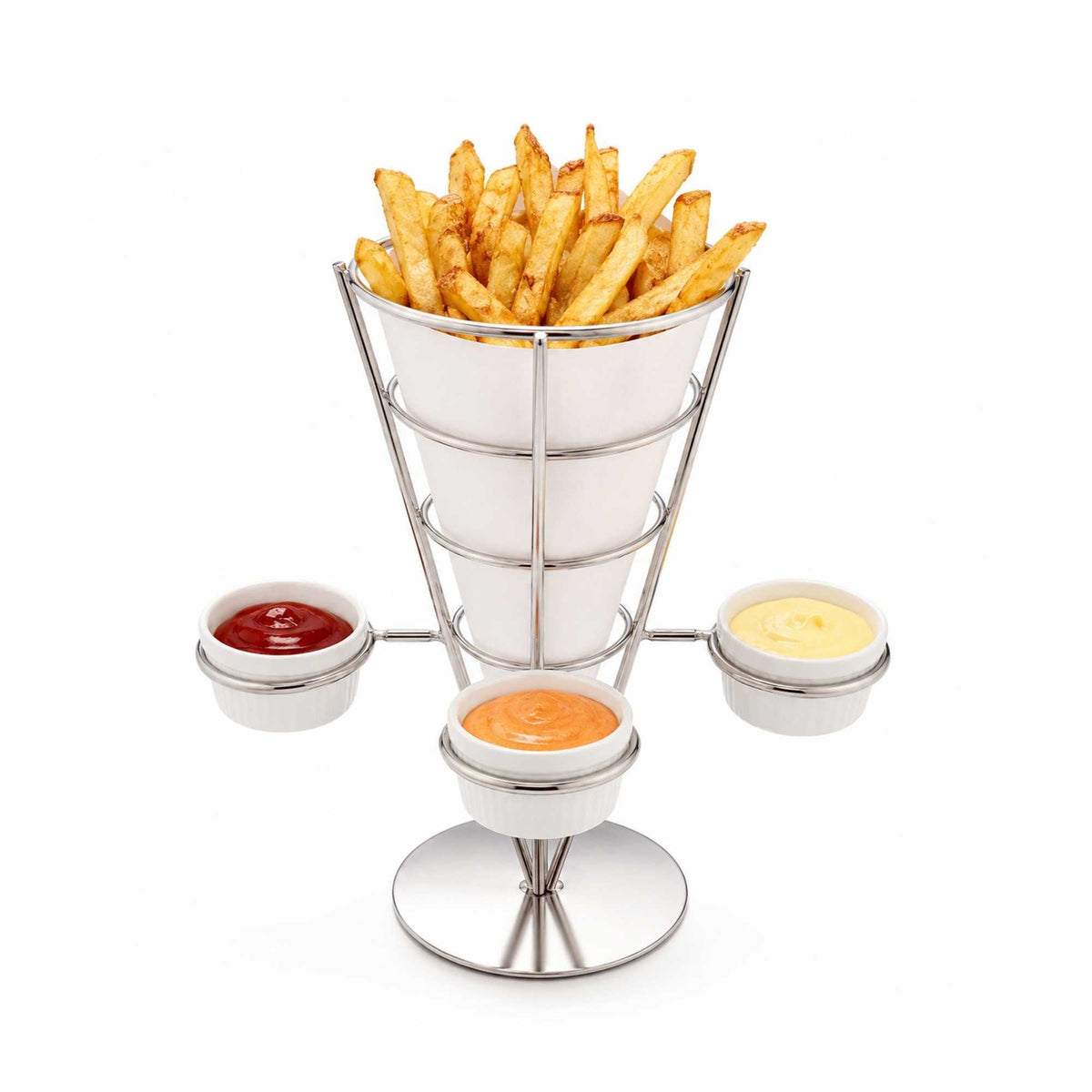 Cone Tek Silver Stainless Steel Medium Fry and Snack Cone Stand - 3 Sauce Holders - 4 1/4" x 4 1/4" x 8" - 1 count box