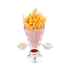 Silver Stainless Steel Medium Fry and Snack Cone Stand - 3 Sauce Holders - 4 1/4