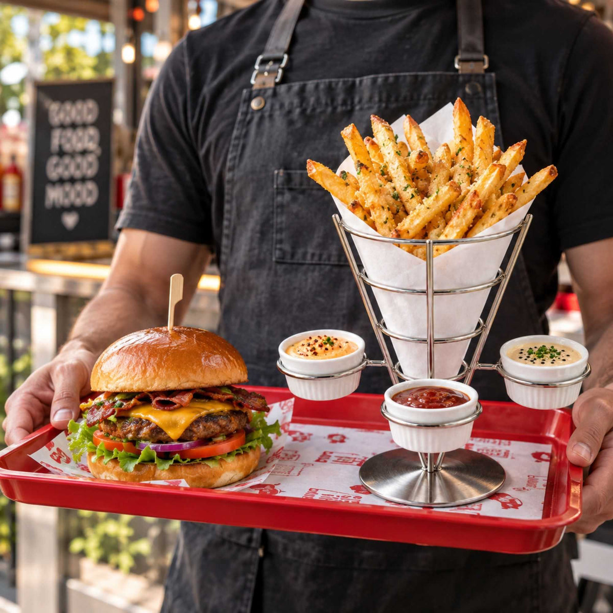 Cone Tek Silver Stainless Steel Medium Fry and Snack Cone Stand - 3 Sauce Holders - 4 1/4" x 4 1/4" x 8" - 1 count box