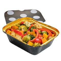 12 oz Rectangle Black and Gold Aluminum Take Out Container - Polka Dot Paper Lid - 5 3/4