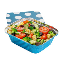 12 oz Rectangle Blue Aluminum Take Out Container - with Polka Dot Paper Lid - 5 3/4