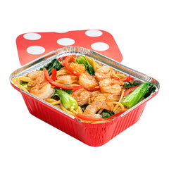 Foil Lux 12 oz Rectangle Red Aluminum Take Out Container - with Polka Dot Paper Lid - 5 3/4