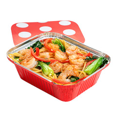 12 oz Rectangle Red Aluminum Take Out Container - Polka Dot Paper Lid - 5 3/4