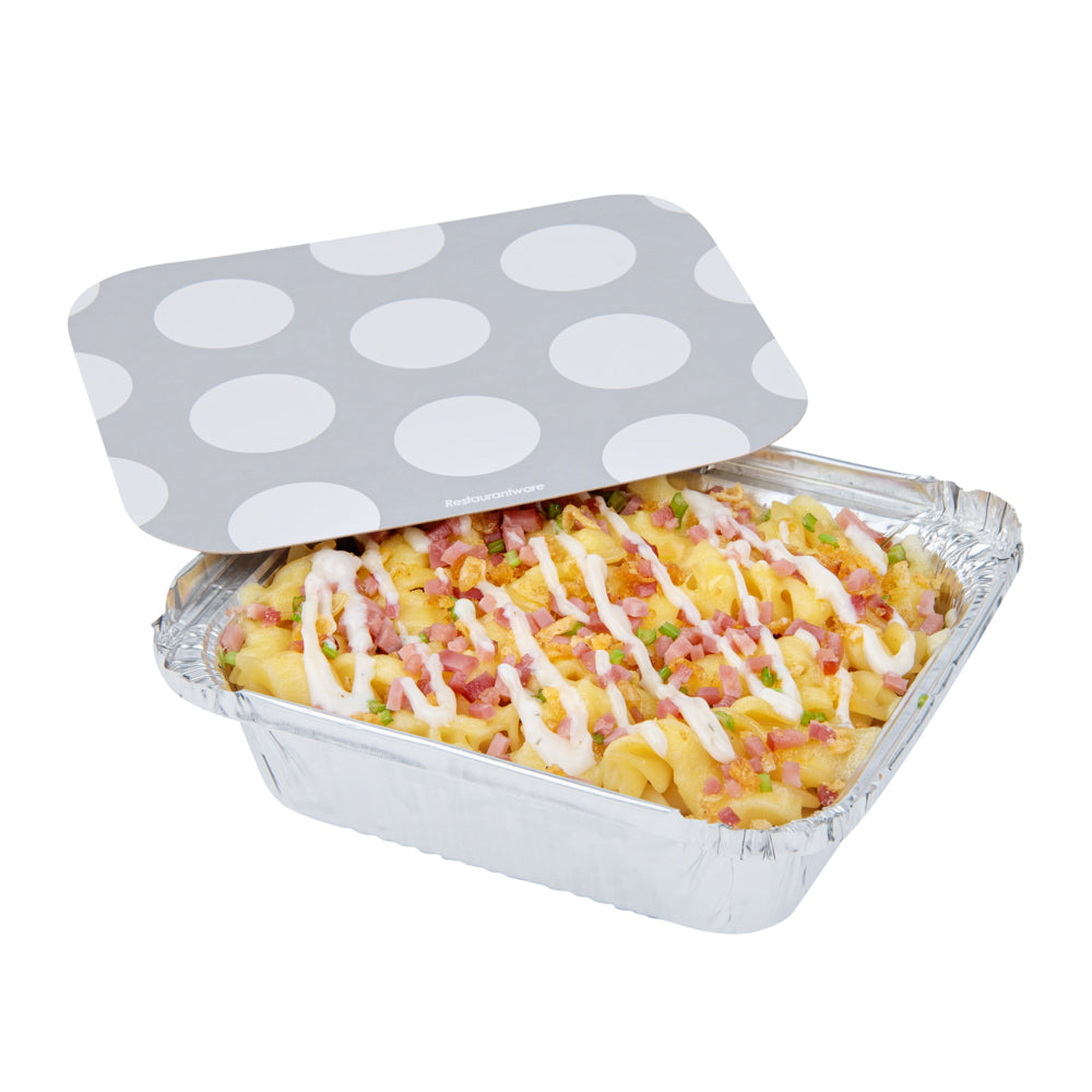 Foil Lux 12 oz Rectangle Silver Aluminum Take Out Container - with Polka Dot Paper Lid - 5 3/4" x 4 3/4" x 1 3/4" - 200 count box