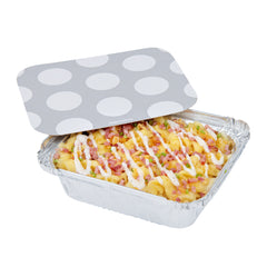 12 oz Rectangle Silver Aluminum Take Out Container - with Polka Dot Paper Lid - 5 3/4
