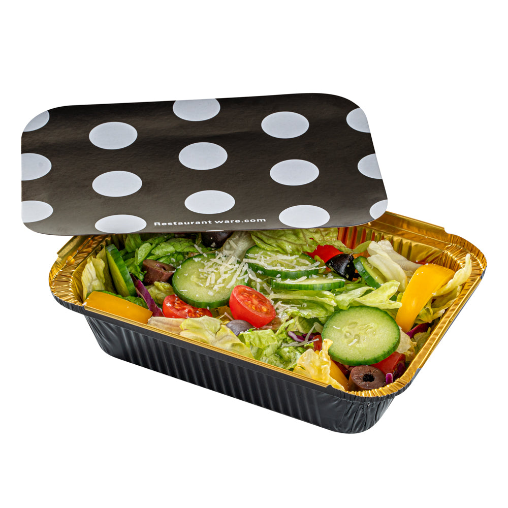 Foil Lux 16 oz Rectangle Black and Gold Aluminum Take Out Container - with Polka Dot Paper Lid - 7 1/4" x 5 1/4" x 2" - 200 count box