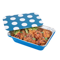 16 oz Rectangle Blue Aluminum Take Out Container - Polka Dot Paper Lid - 7 1/4