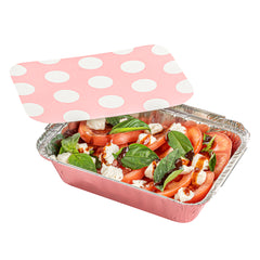 16 oz Rectangle Pink Aluminum Take Out Container - with Polka Dot Paper Lid - 7 1/4
