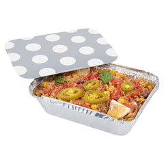 16 oz Rectangle Silver Aluminum Take Out Container - Polka Dot Paper Lid - 7 1/4