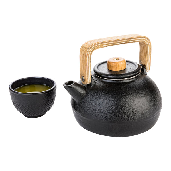 Tetsubin 30 oz Black Cast Iron Osaka Teapot - Wooden Handle and