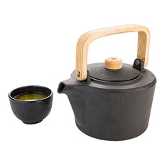 Tetsubin 43 oz Black Cast Iron Osaka Teapot - Wooden Handle and Knob - 7 1/2