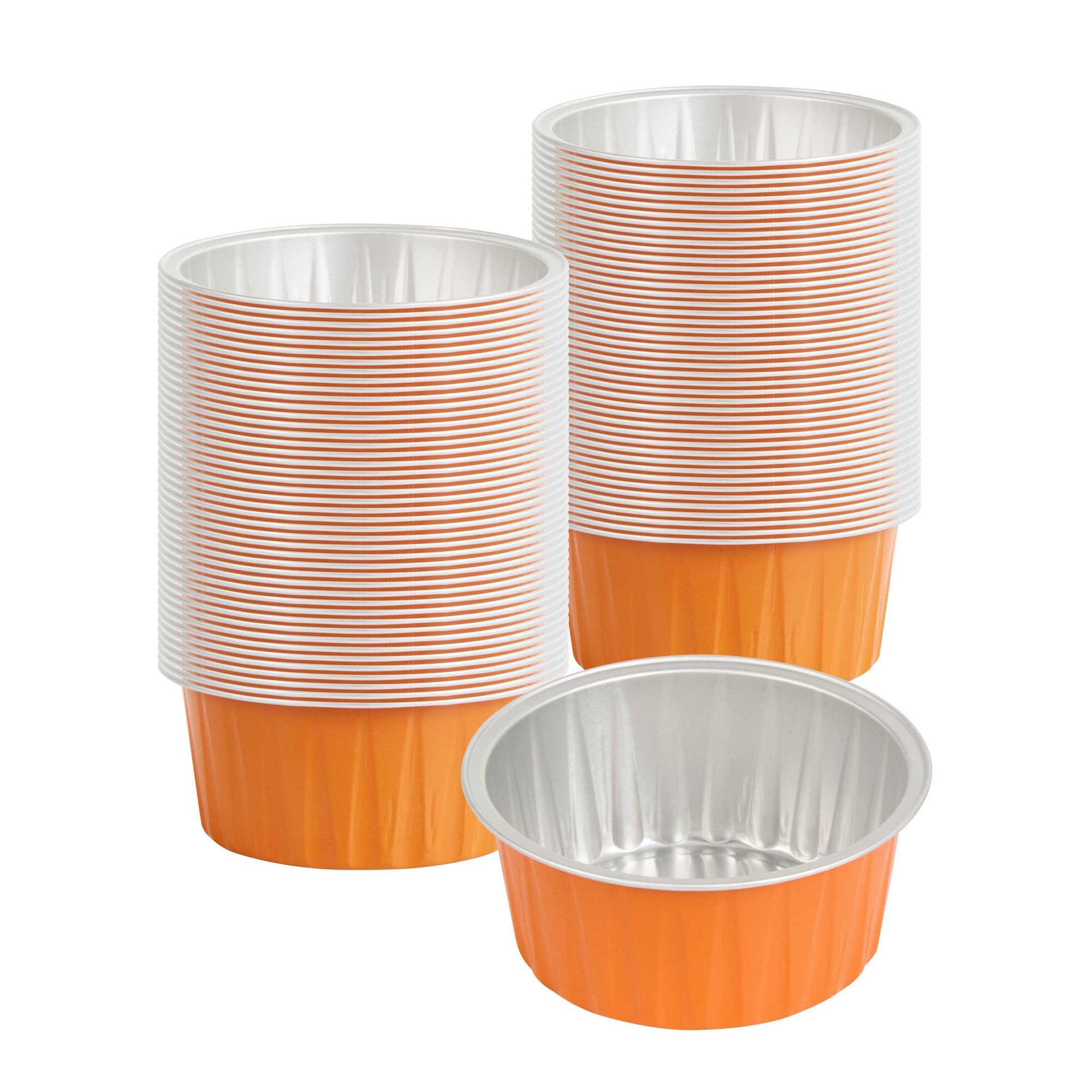 Foil Lux 4 oz Round Orange Aluminum Baking Cup - Lids Available - 3 1/4" x 3 1/4" x 1 1/2" - 100 count box