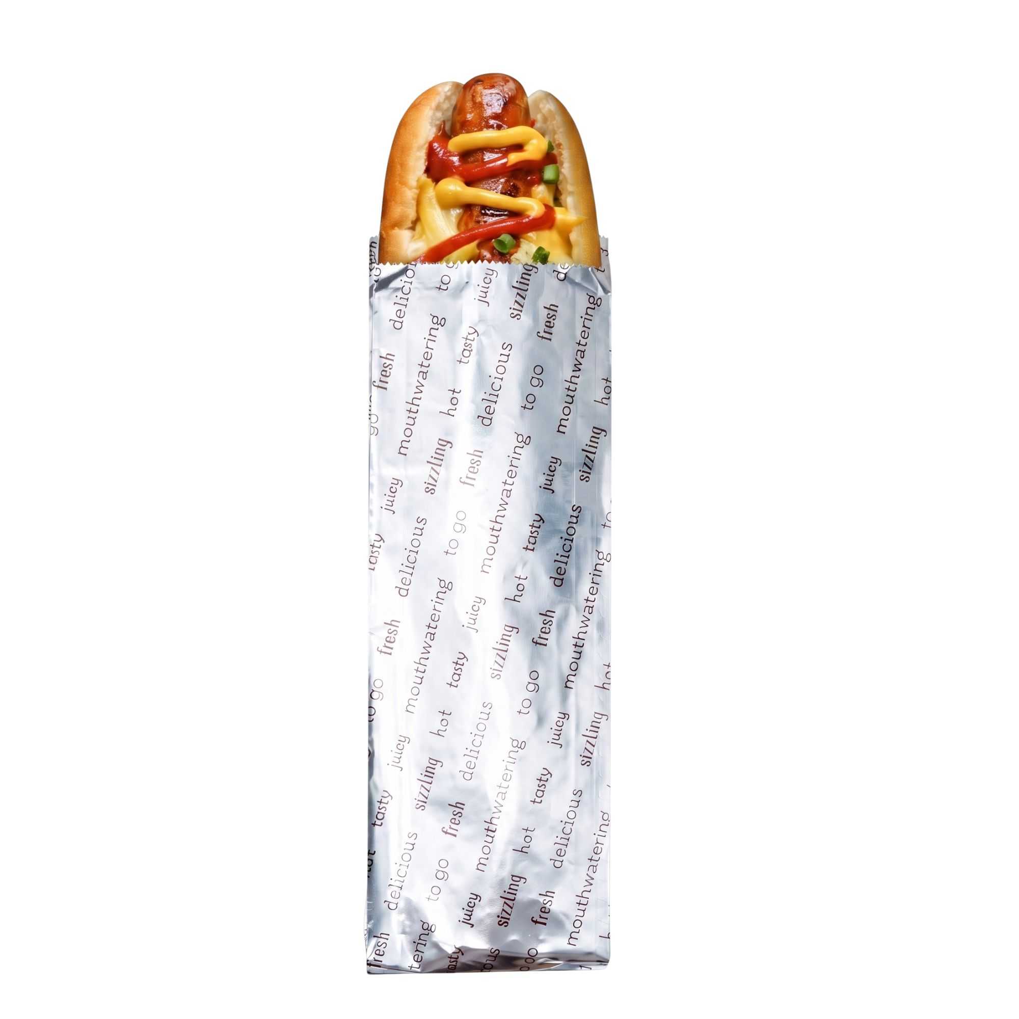 Bag Tek Paper Printed Large Hot Dog Foil Bag - 3 3/4" x 1 1/4" x 12" - 100 count box