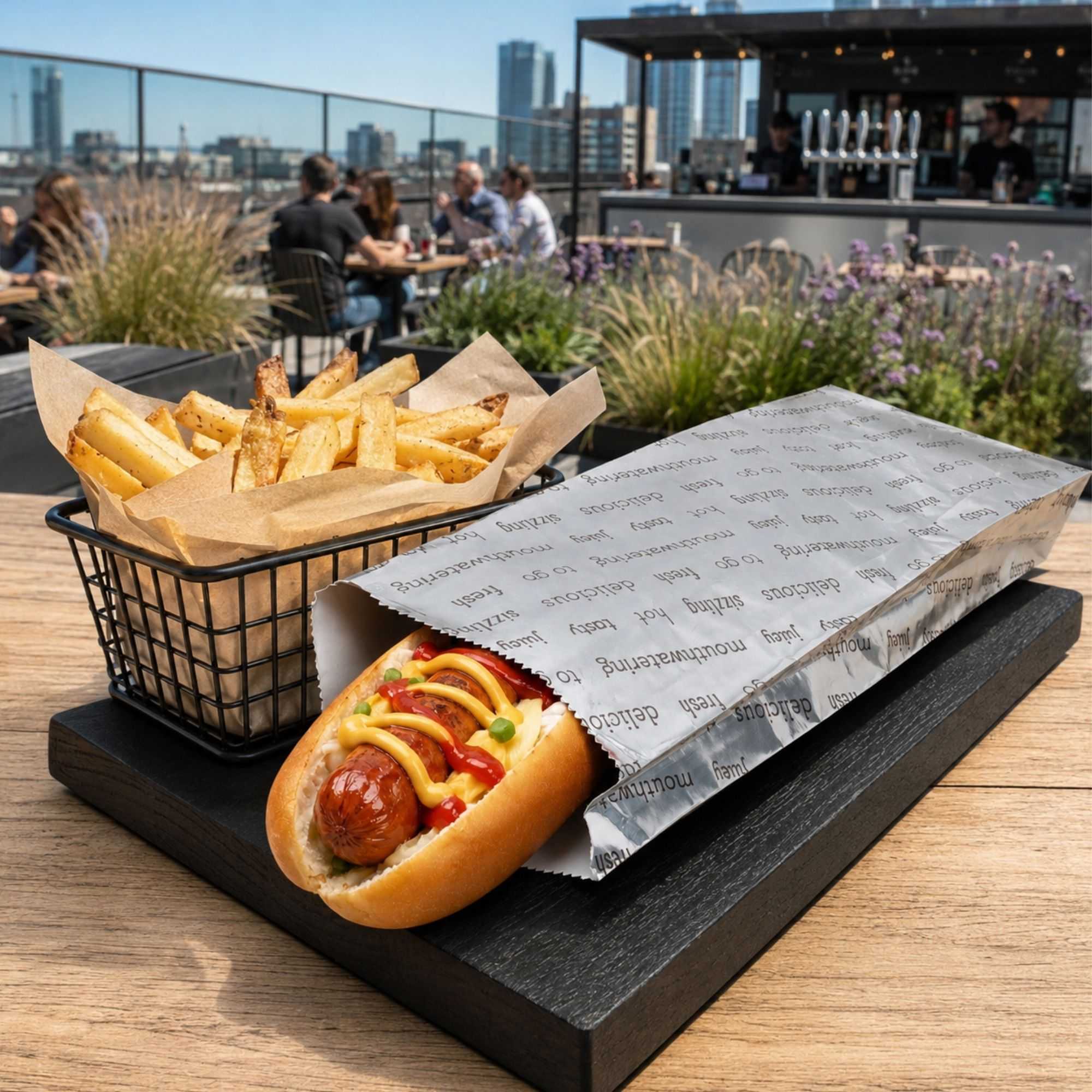 Bag Tek Paper Printed Large Hot Dog Foil Bag - 3 3/4" x 1 1/4" x 12" - 100 count box