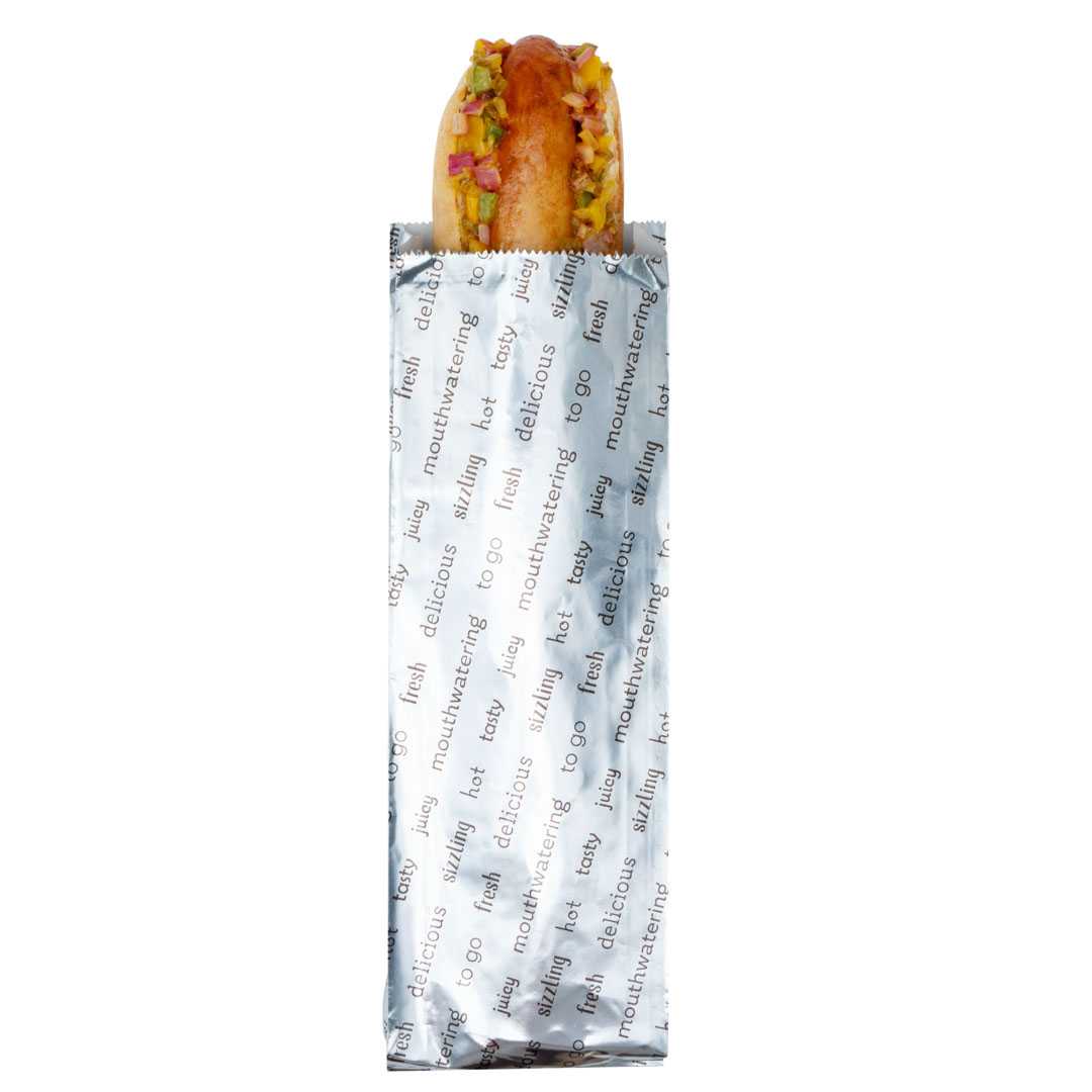 Bag Tek Paper Printed Large Hot Dog Foil Bag - 3 3/4" x 1 1/4" x 12" - 1000 count box