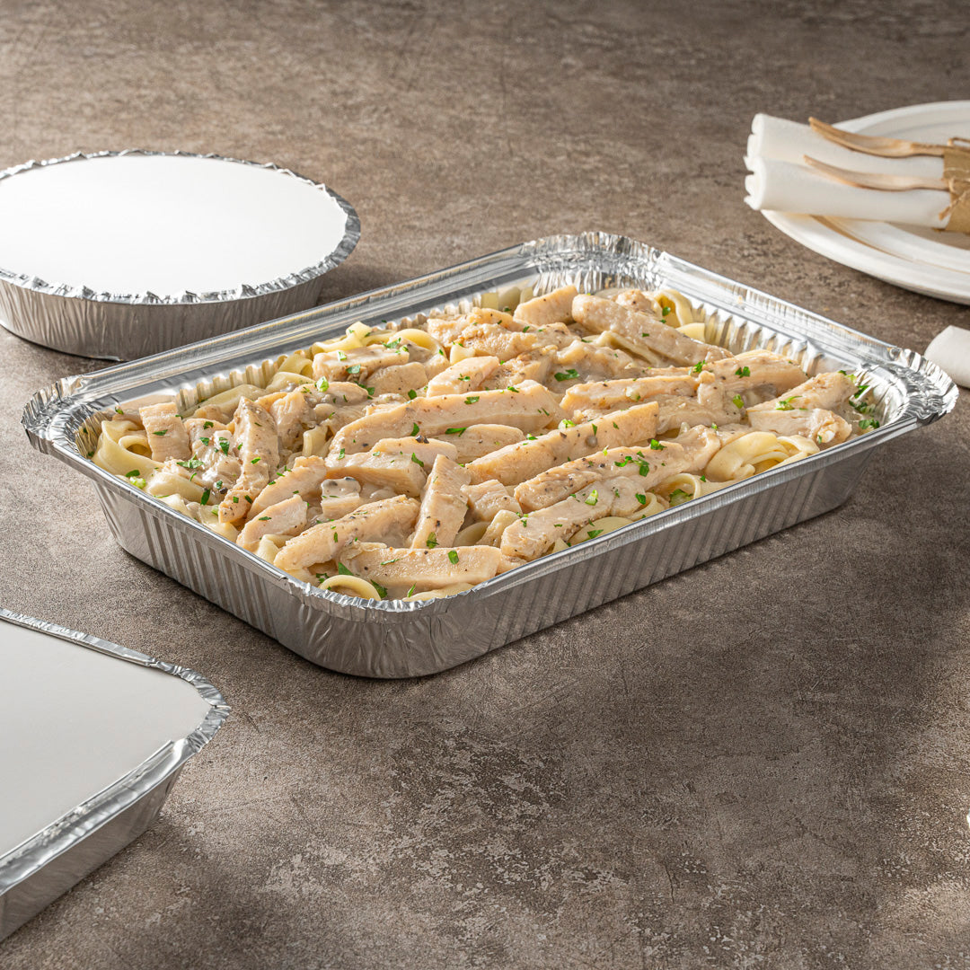 Foil Lux 64 oz Oblong Silver Aluminum 4 lb Take Out Container - 12" x 8 3/4" x 1 3/4" - 100 count box