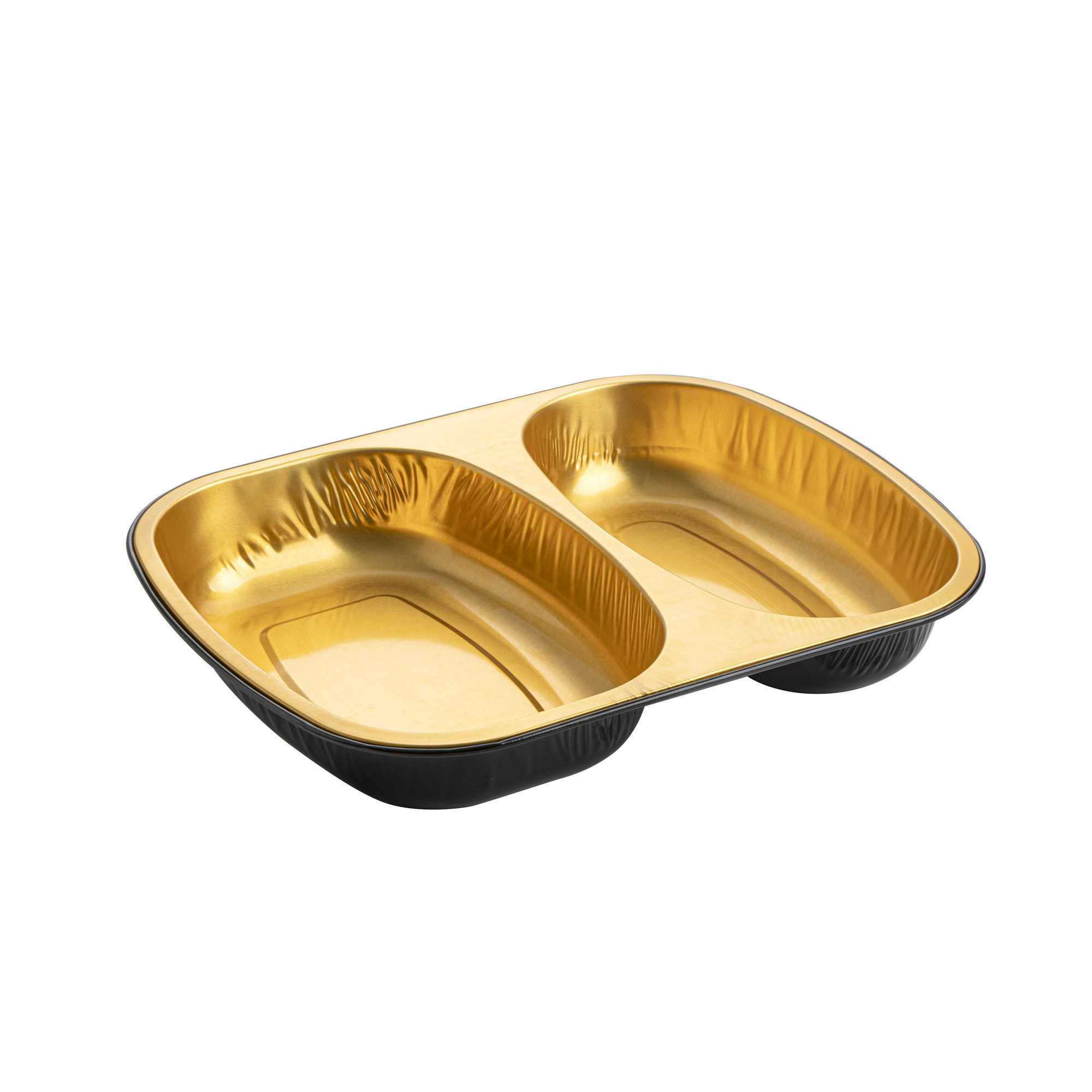 Foil Lux 28 oz Rectangle Black and Gold Aluminum Container - 2-Compartment - 9" x 7" x 1 1/2" - 100 count box