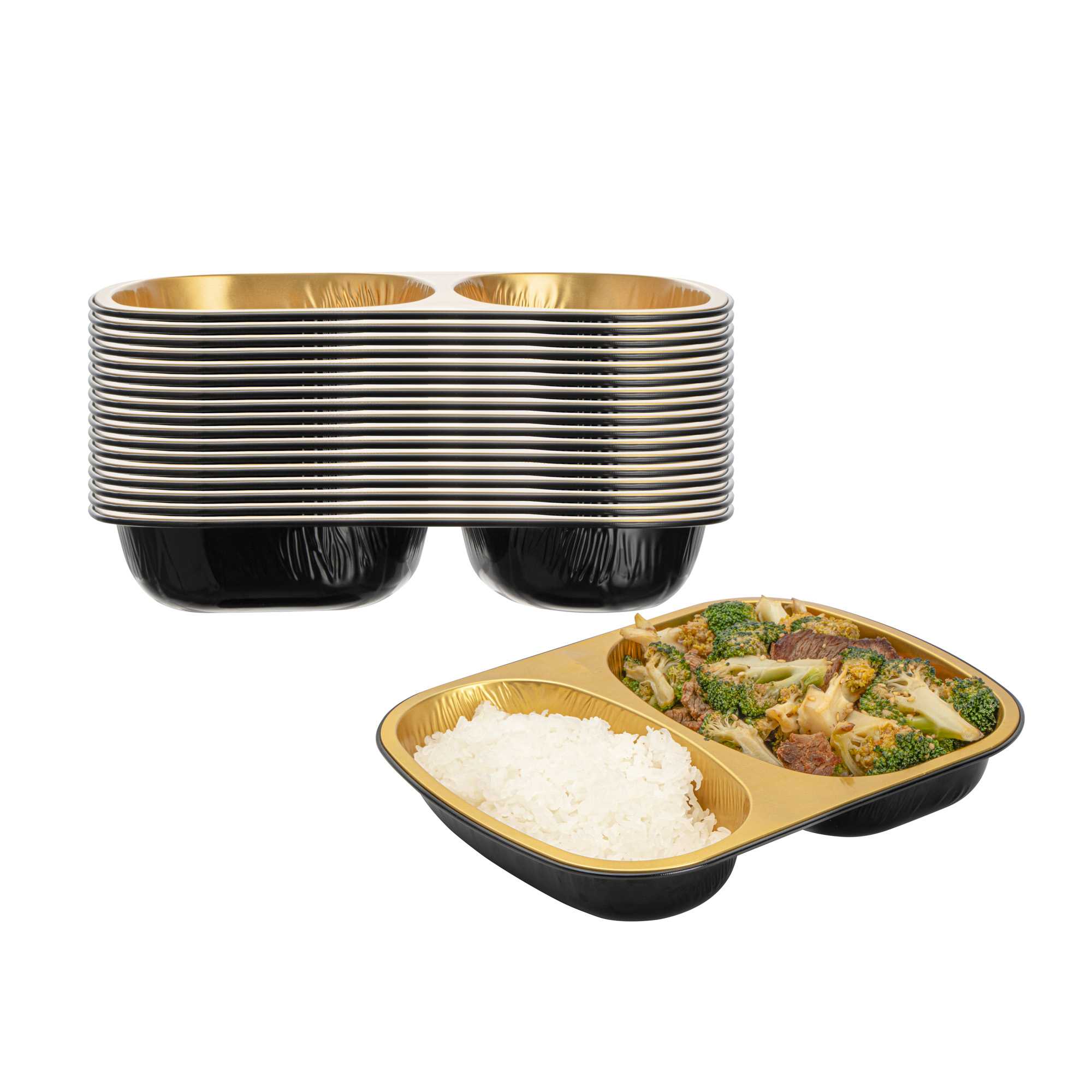 Foil Lux 28 oz Rectangle Black and Gold Aluminum Container - 2-Compartment - 9" x 7" x 1 1/2" - 100 count box
