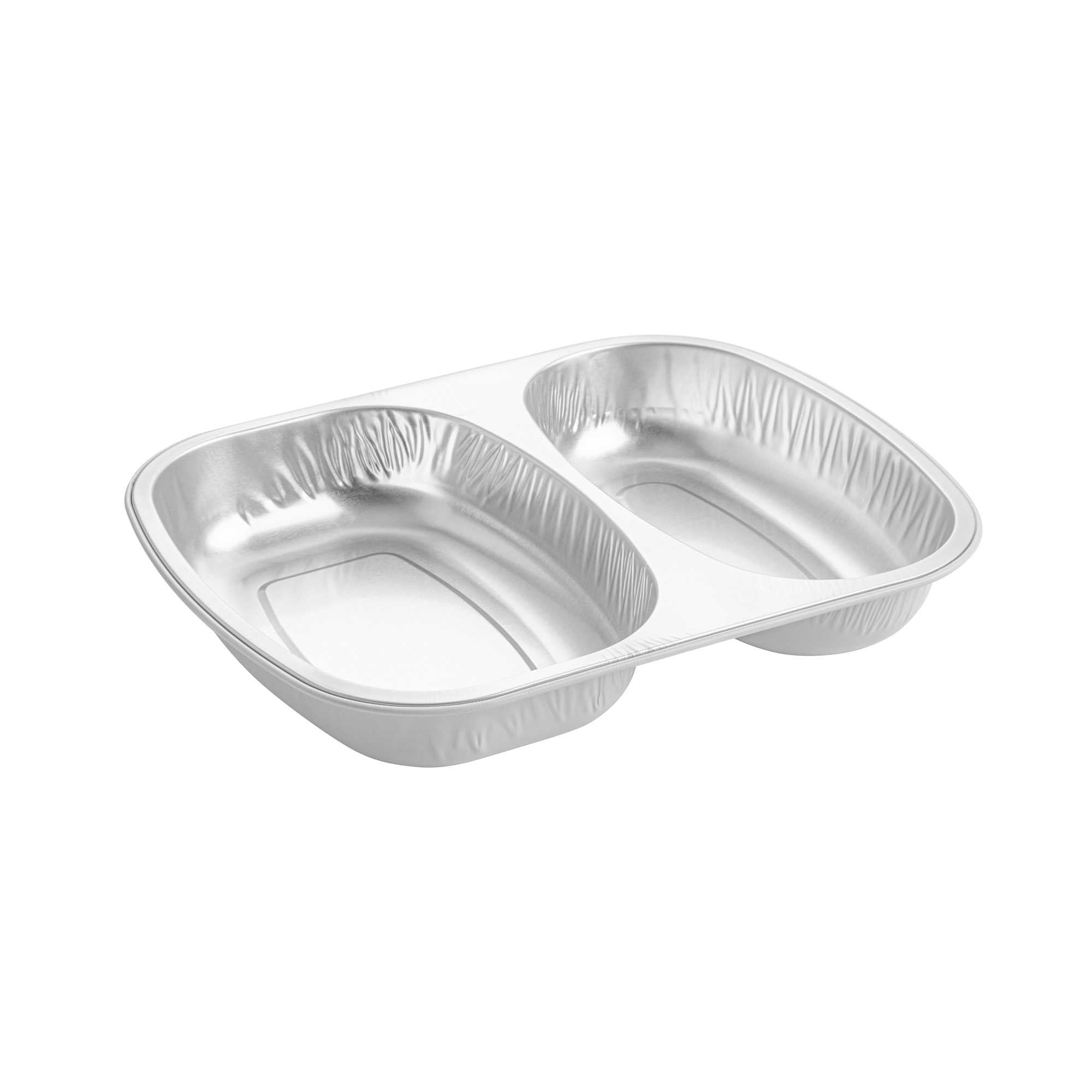 Foil Lux 28 oz Oblong White and Silver Heavy-Duty Foil Take Out Pan - Smoothwall, 2-Compartment - 100 count box