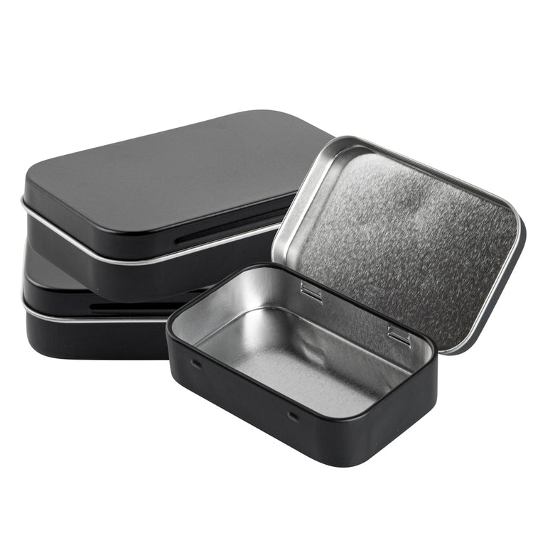 Restaurantware RW Base 4.5 Ounce Rectangular Tin Containers 100 Durable Tin Boxes with Lids - Hinged Lids Rounded Edges Black Tin Storage Containers