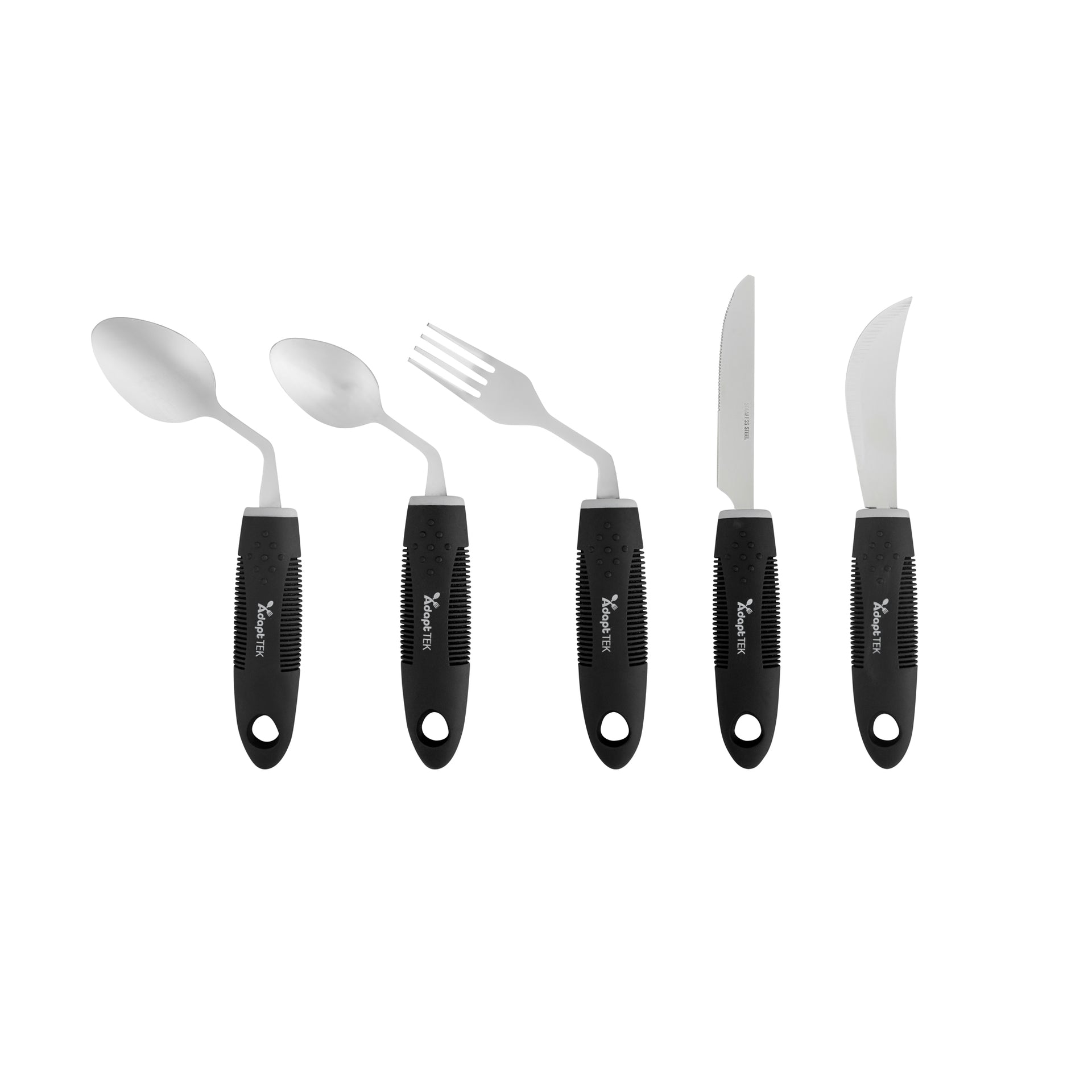 Adapt Tek Black Stainless Steel 5-Piece Adaptive Offset Utensil Set - Right Hand, Lightweight, Non-Slip - 1 count box