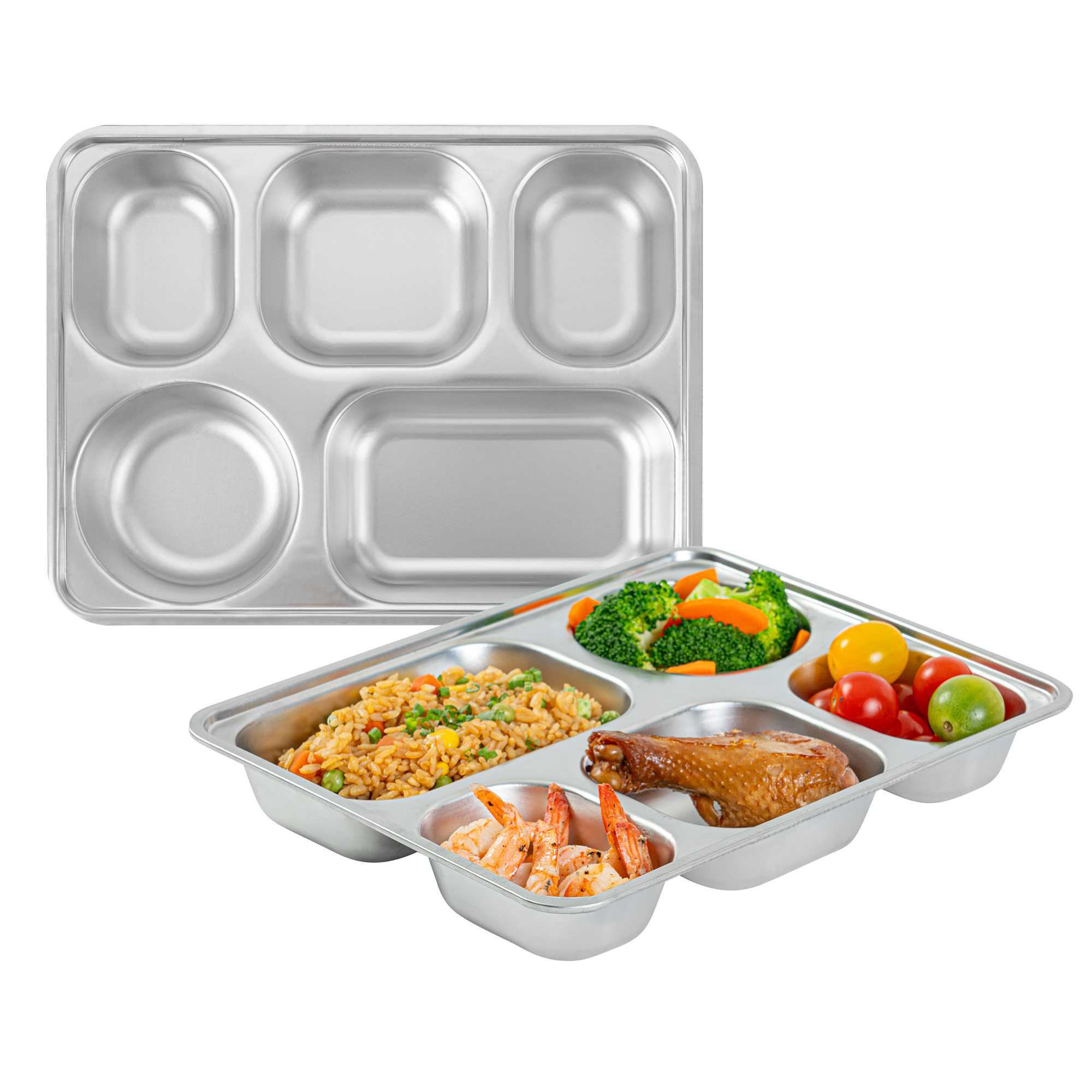 Met Lux Ambidextrous Rectangle Stainless Steel Tray - 5 Compartments - 11" x 8 3/4" x 1 3/4" - 2 count box