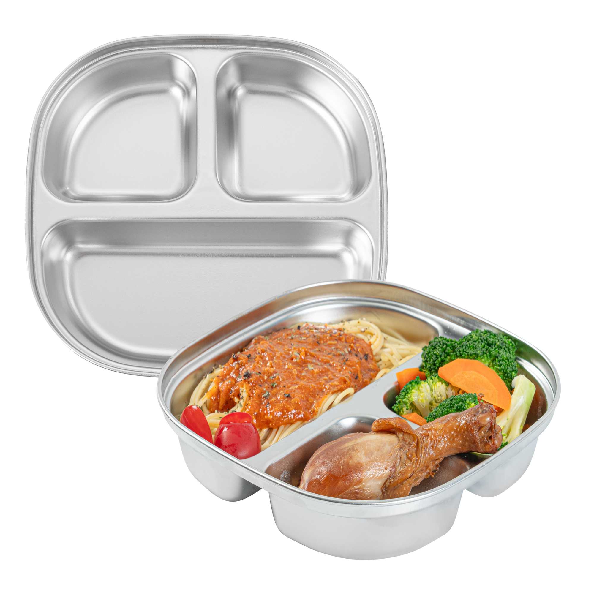 Met Lux Ambidextrous Square Stainless Steel Tray - 3 Compartments - 7 3/4" x 7 3/4" x 1 3/4" - 2 count box