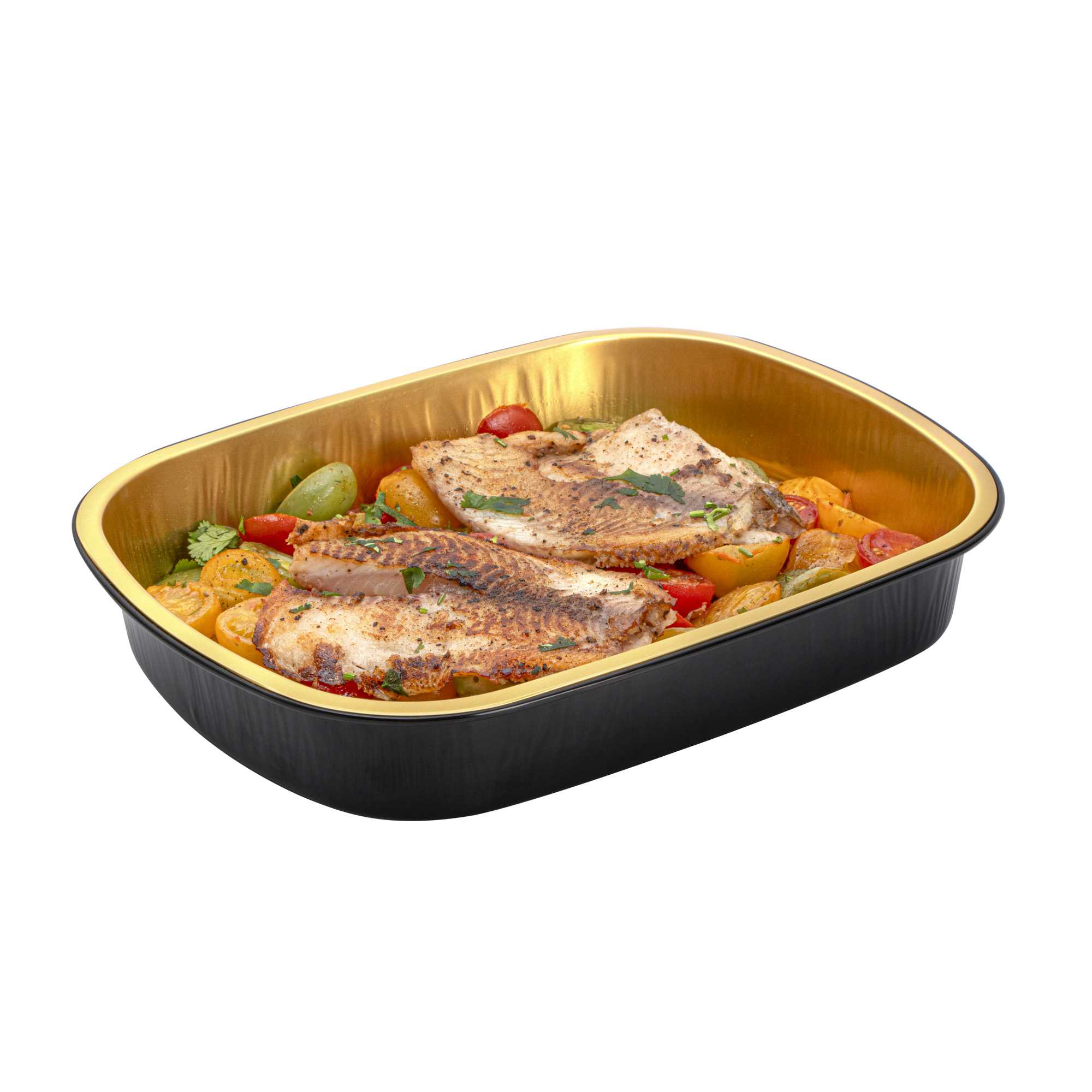 Foil Lux 70 oz Oblong Black and Gold Heavy-Duty Foil Entree / Take Out Pan - Smoothwall - 100 count box