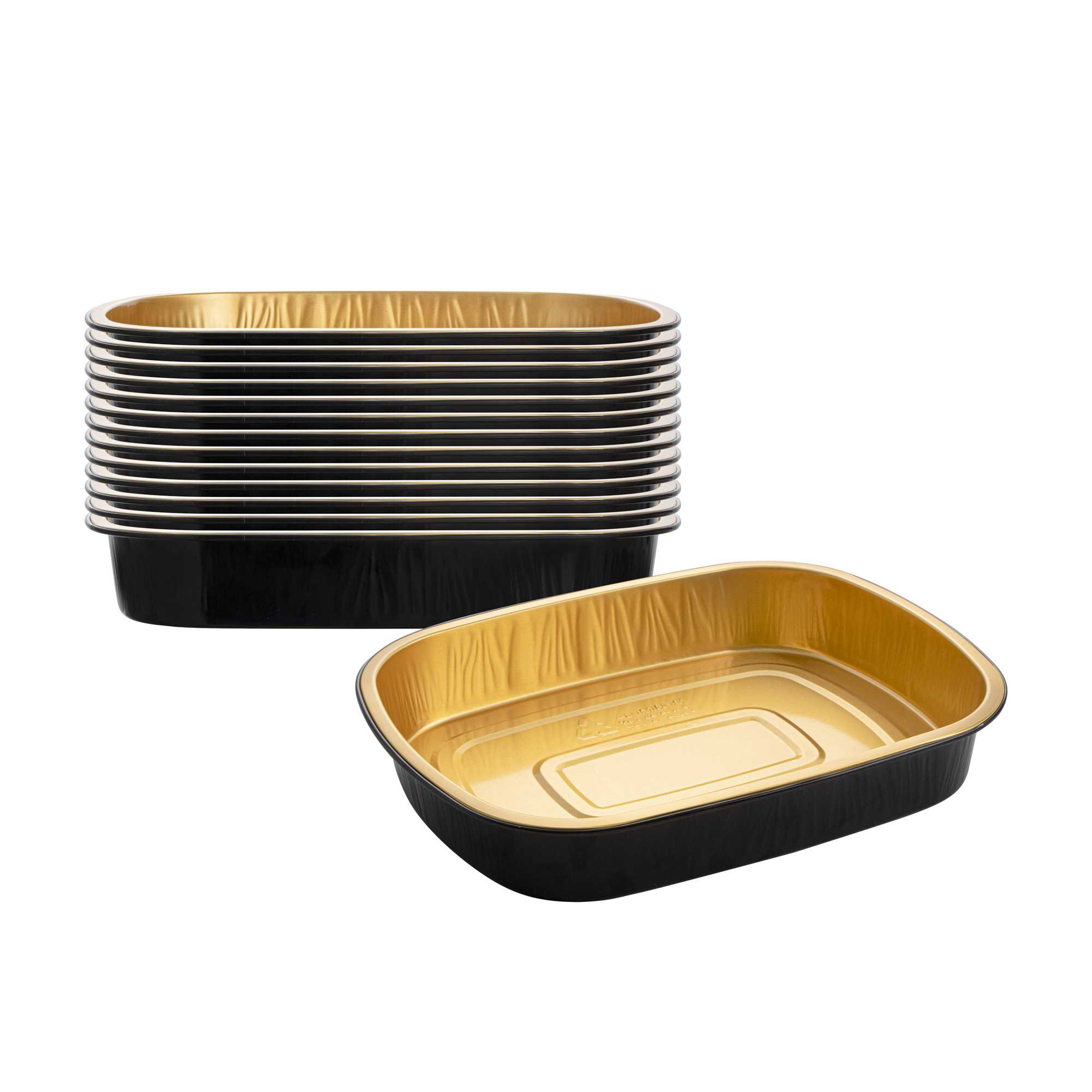 Foil Lux 70 oz Oblong Black and Gold Heavy-Duty Foil Entree / Take Out Pan - Smoothwall - 100 count box