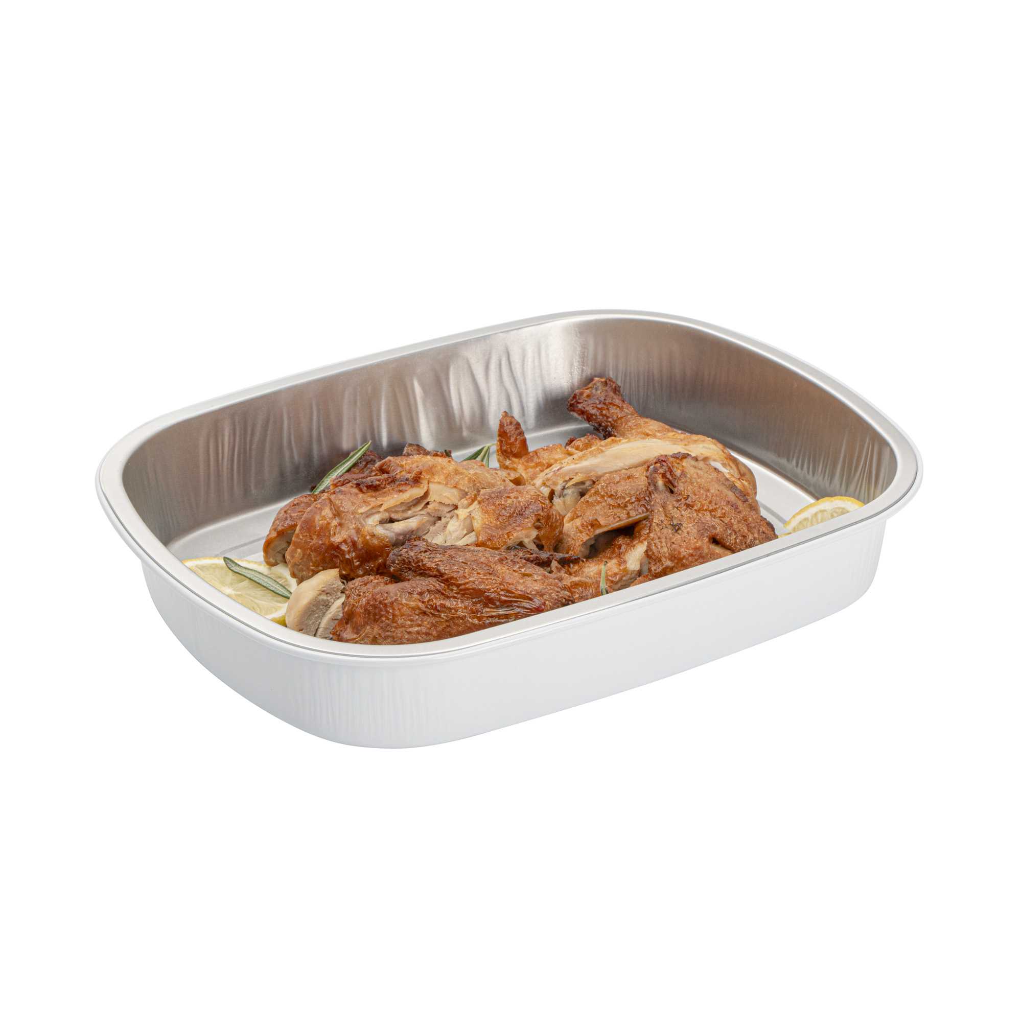Foil Lux 70 oz Oblong White and Silver Heavy-Duty Foil Entree / Take Out Pan - Smoothwall - 100 count box