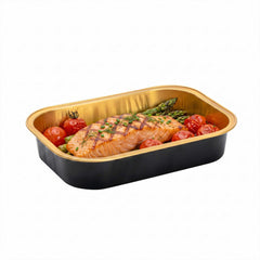 Foil Lux 14 oz Oblong Black and Gold Heavy-Duty Foil Entree / Take Out Pan - Smoothwall - 100 count box