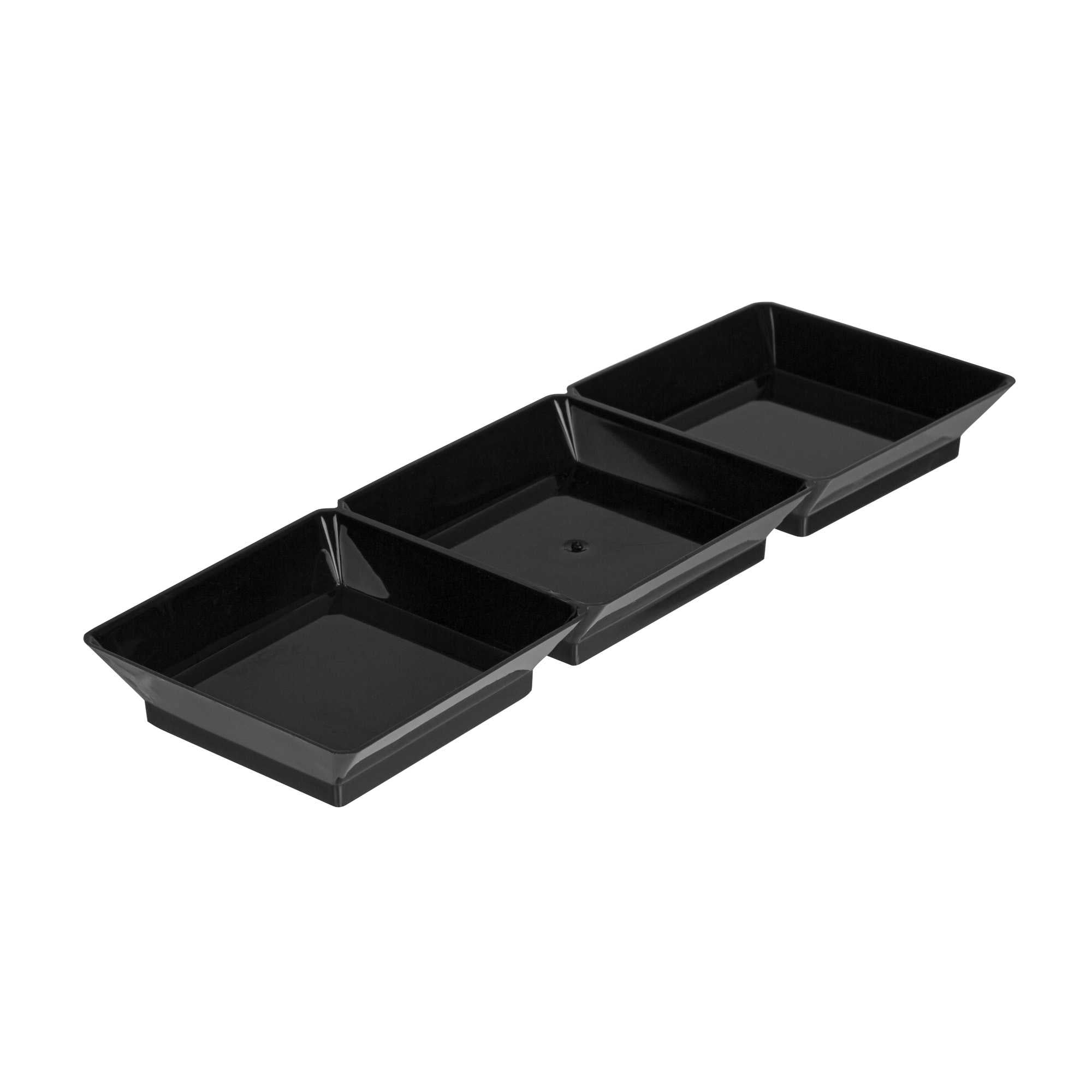 Mini Serve Rectangle Black Plastic Terzetto Mini Plate - 3 Compartments - 7 1/2" x 2 1/2" x 1/2" - 100 count box