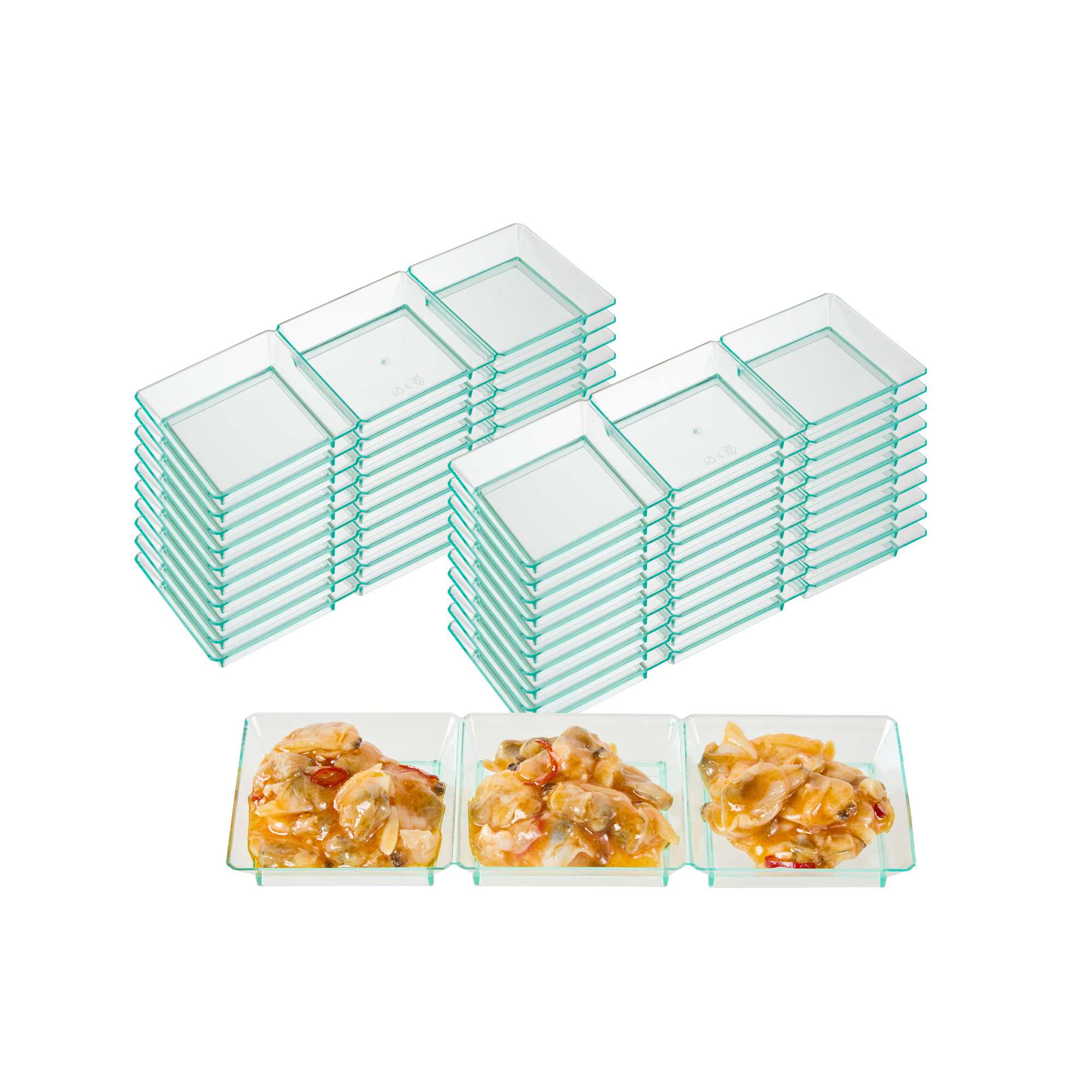 Mini Serve Rectangle Seagreen Plastic Terzetto Mini Plate - 3 Compartments - 7 1/2" x 2 1/2" x 1/2" - 100 count box