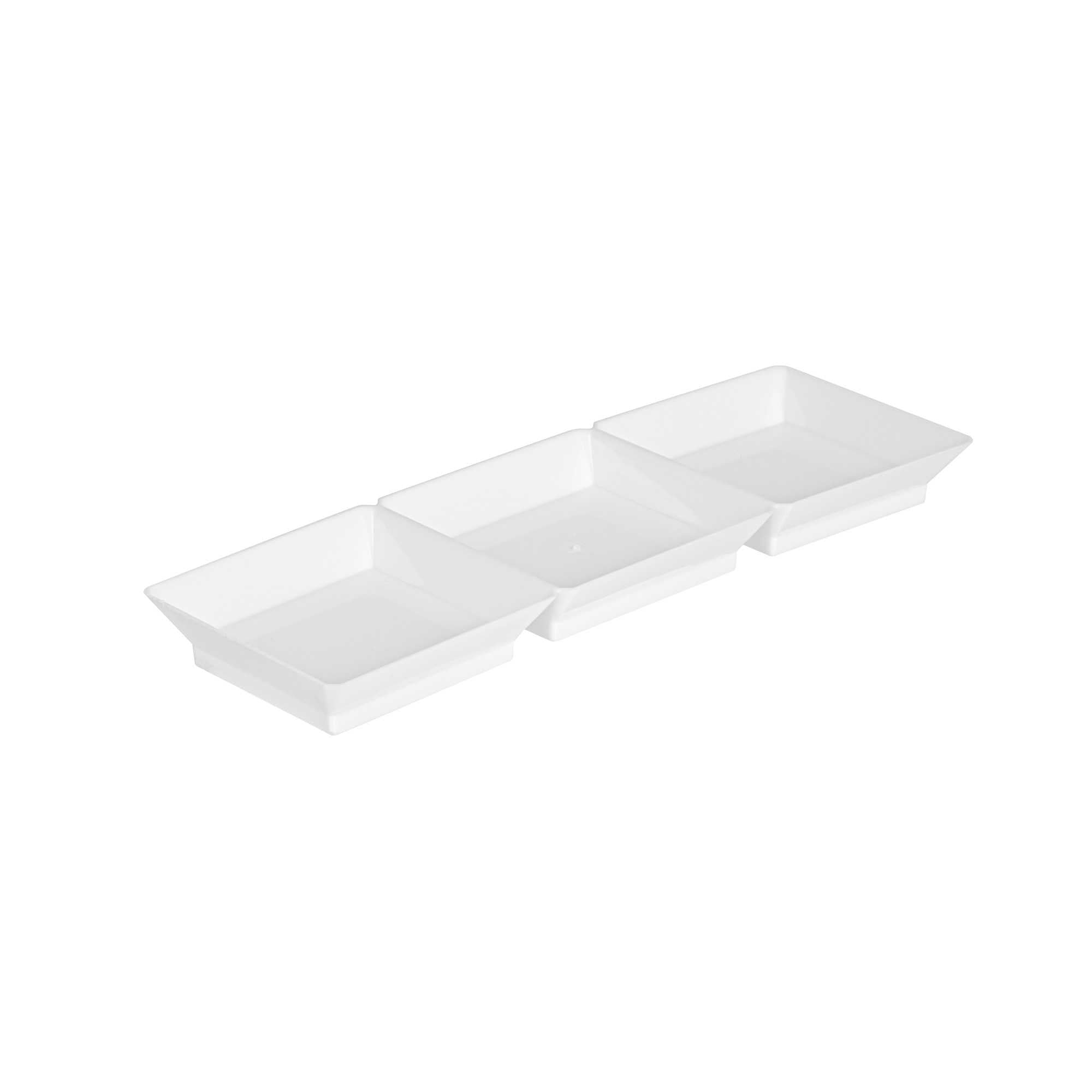 Mini Serve Rectangle White Plastic Terzetto Mini Plate - 3 Compartments - 7 1/2" x 2 1/2" x 1/2" - 100 count box