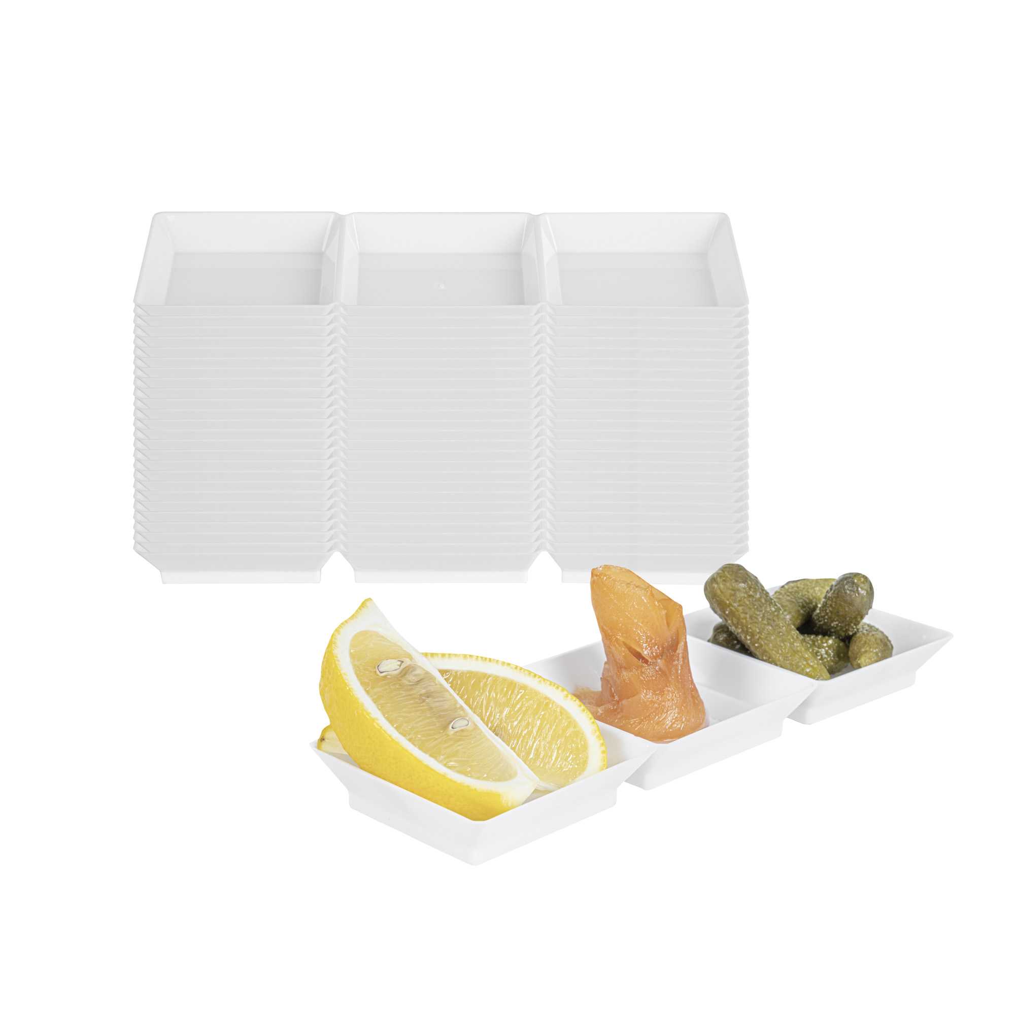 Mini Serve Rectangle White Plastic Terzetto Mini Plate - 3 Compartments - 7 1/2" x 2 1/2" x 1/2" - 100 count box