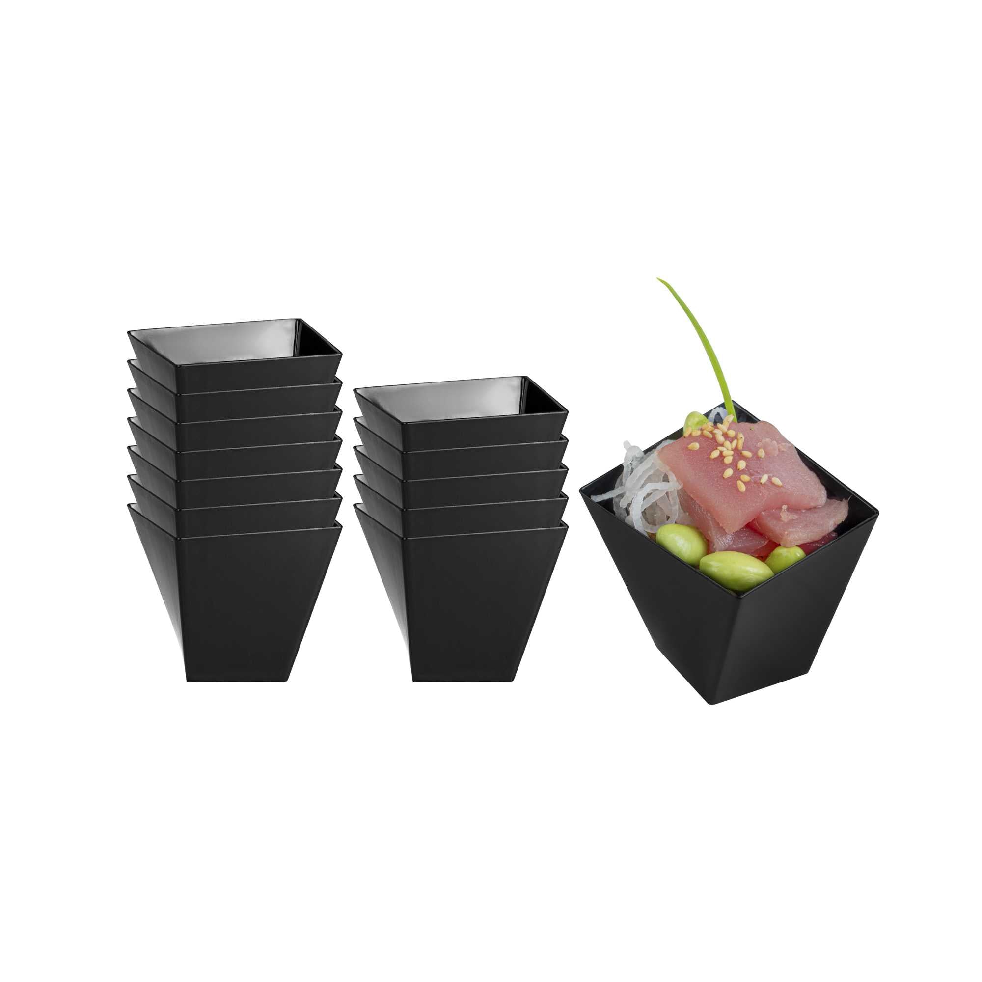 Mini Serve 2 oz Square Black Plastic Girata Dessert Dish - 2" x 2" x 1 3/4" - 100 count box