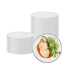 Round White Plastic Silver-Rimmed Plate - 7 1/2