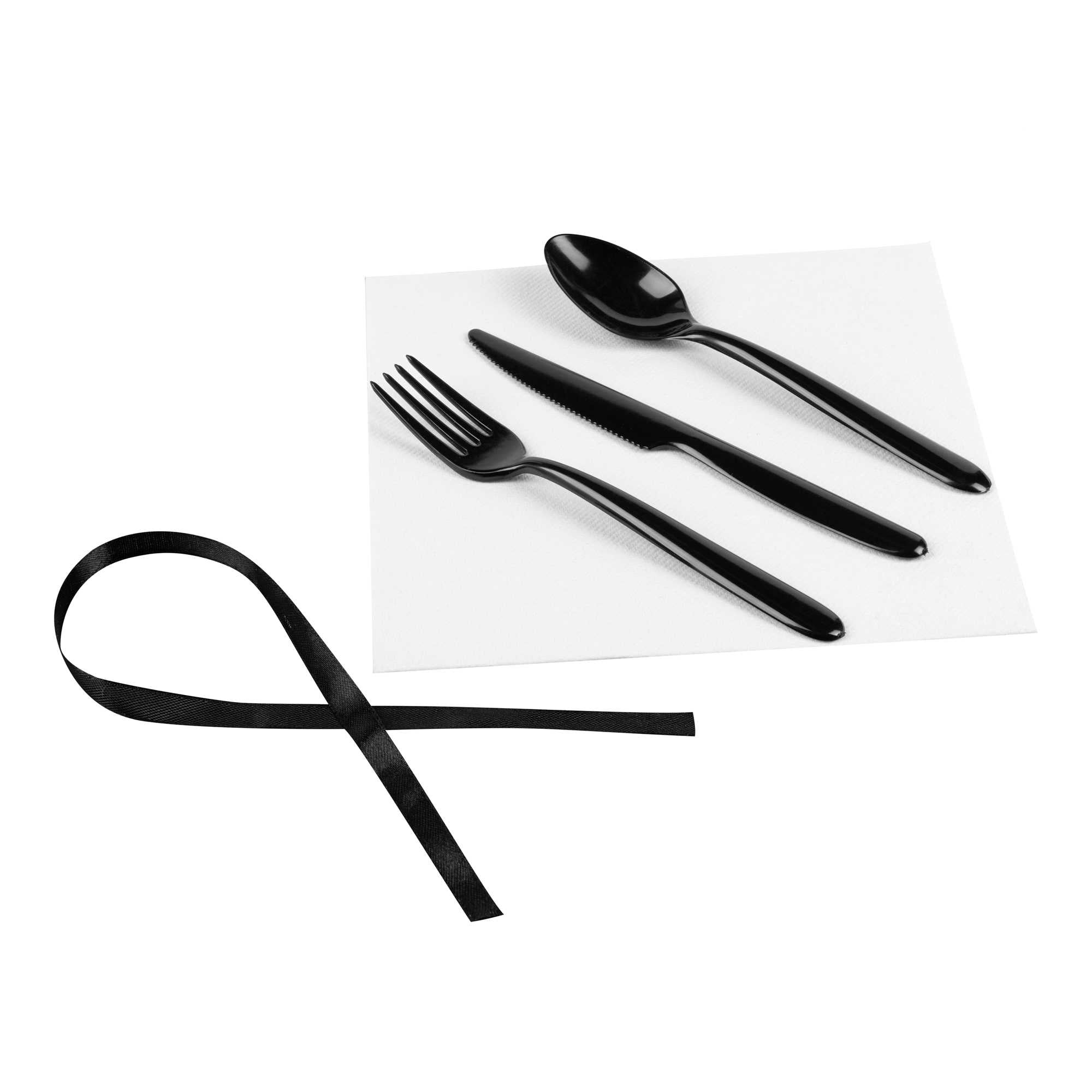 Moderna Black Plastic Cutlery Set - with White Napkin, Black Ribbon - 7 1/4" x 2" x 1 3/4" - 100 count box
