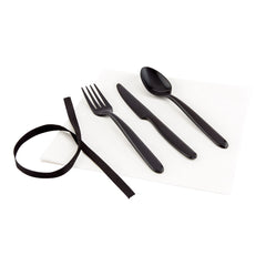 Moderna Black Plastic Cutlery Set - with White Napkin, Black Ribbon - 7 1/4