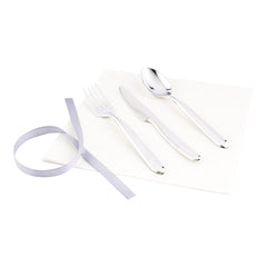 Moderna Silver Plastic Cutlery Set - with White Napkin, Silver Ribbon - 7 1/4