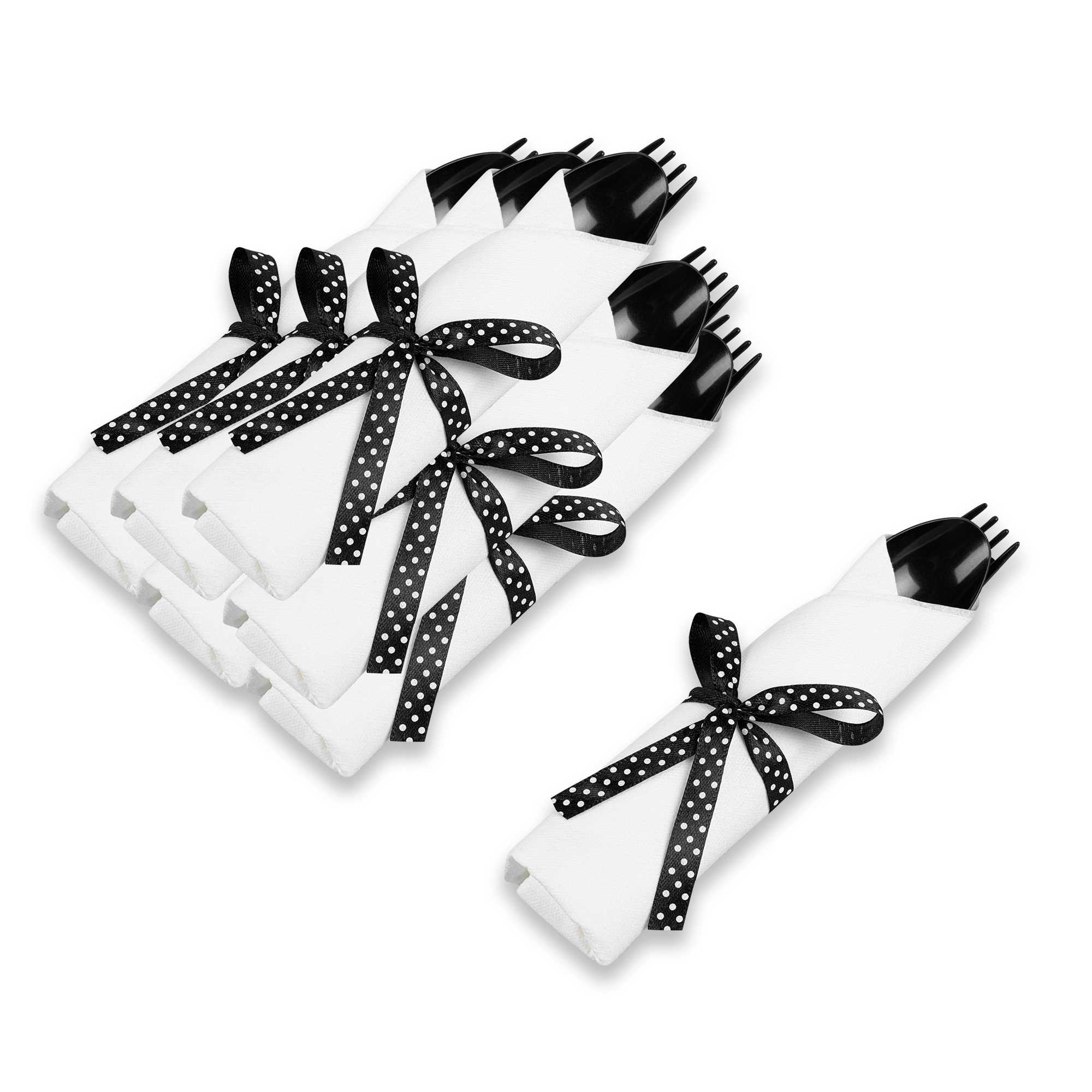 Argento Black Plastic Cutlery Set - with White Napkin, Polka Dot Ribbon - 7 1/4" x 2" x 1 3/4" - 100 count box
