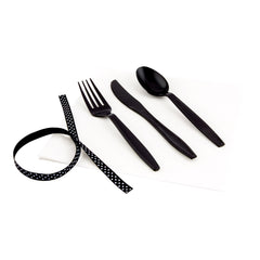 Argento Black Plastic Cutlery Set - with White Napkin, Polka Dot Ribbon - 7 1/4