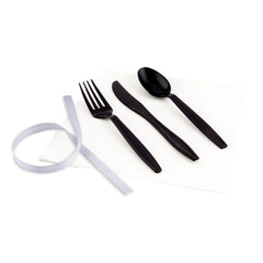 Argento Black Plastic Cutlery Set - with White Napkin, Silver Ribbon - 7 1/4