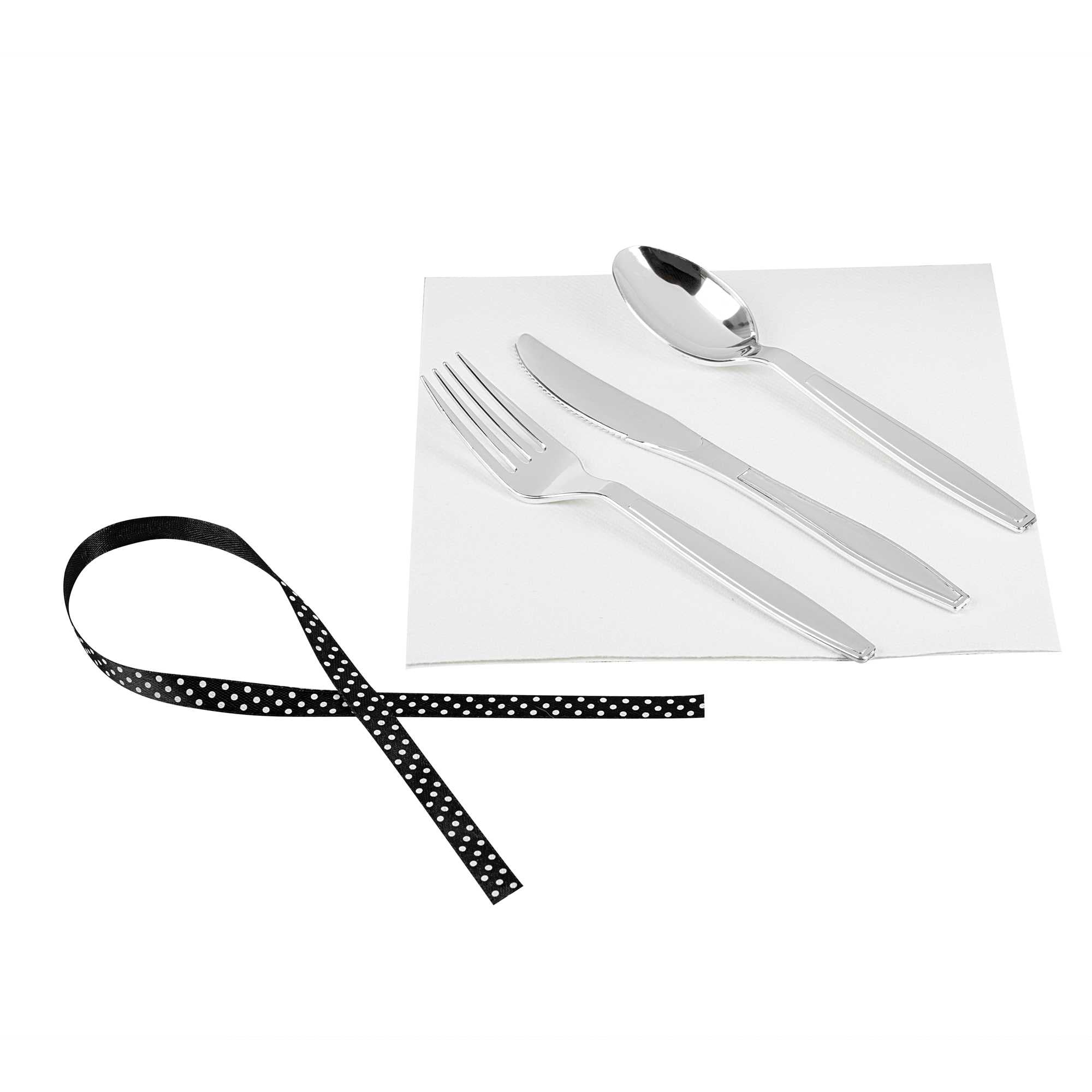 Argento Silver Plastic Cutlery Set - with White Napkin, Polka Dot Ribbon - 7 1/4" x 2" x 1 3/4" - 100 count box