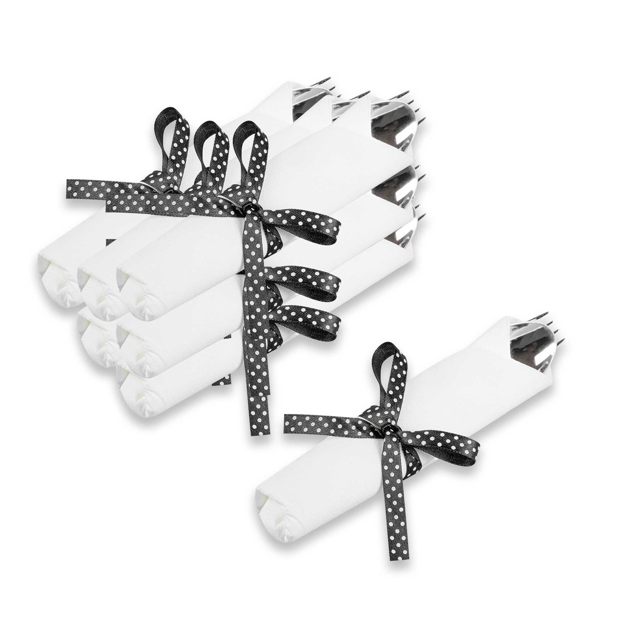 Argento Silver Plastic Cutlery Set - with White Napkin, Polka Dot Ribbon - 7 1/4" x 2" x 1 3/4" - 100 count box