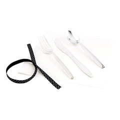 Argento Silver Plastic Cutlery Set - with White Napkin, Polka Dot Ribbon - 7 1/4
