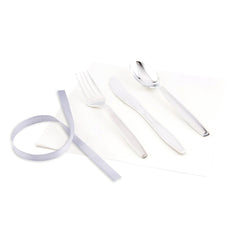 Argento Silver Plastic Cutlery Set - with White Napkin, Silver Ribbon - 7 1/4