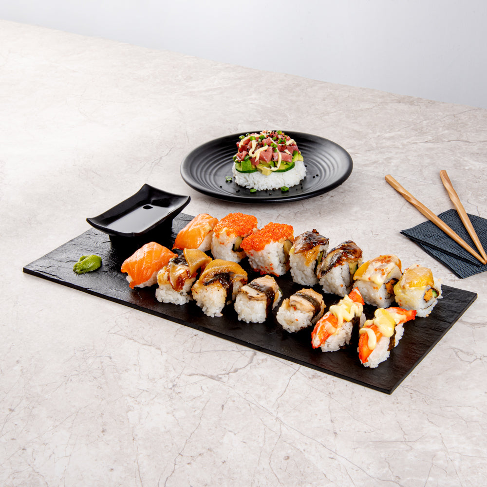 Maxi Serve Rectangle Black Plastic Large Plate - Faux Slate - 16" x 7" - 25 count box