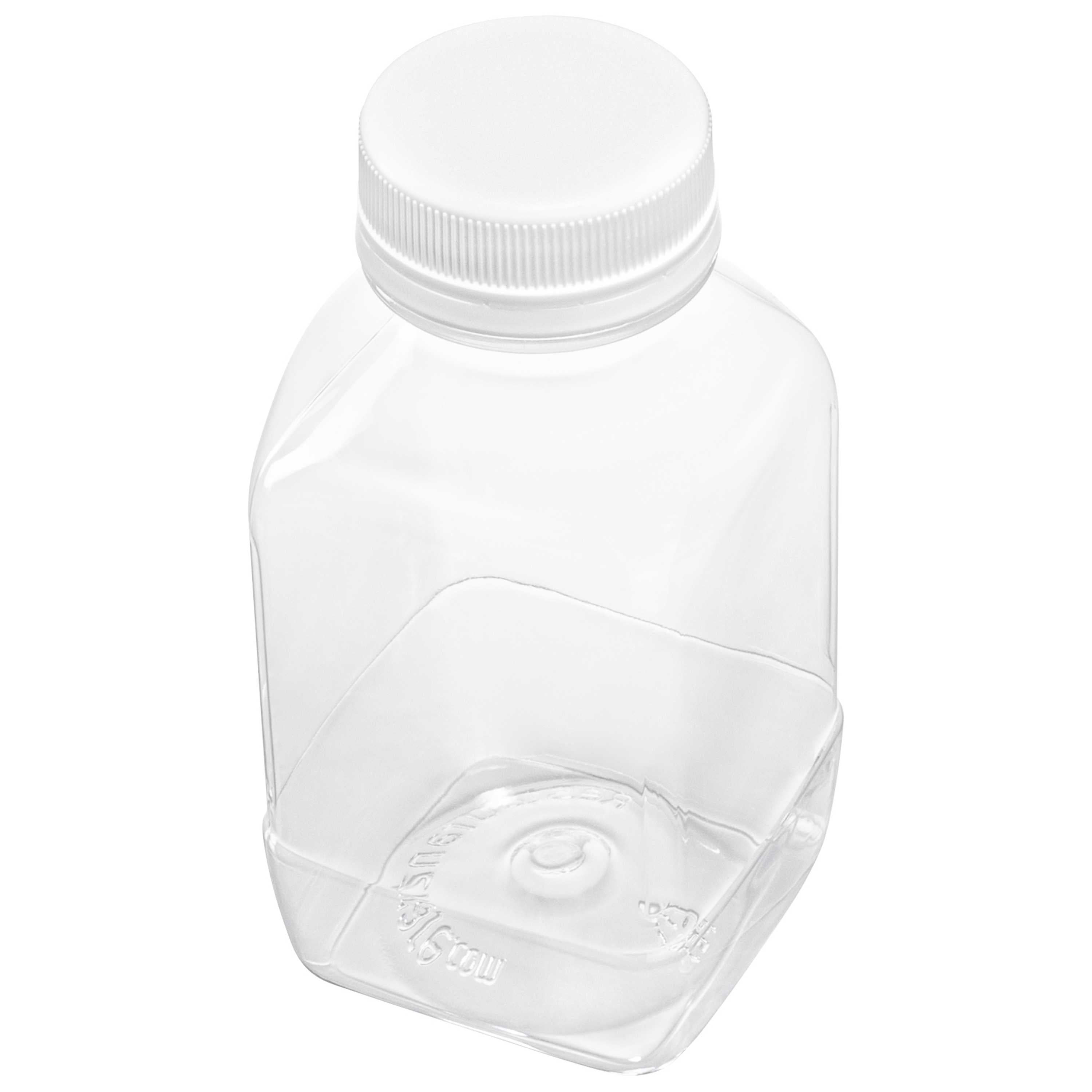 Bottle Tek 8 oz Square Clear Plastic Cold Pressed Juice Bottle - with Safety Cap - 2 1/4" x 2 1/4" x 4 3/4" - 300 count box